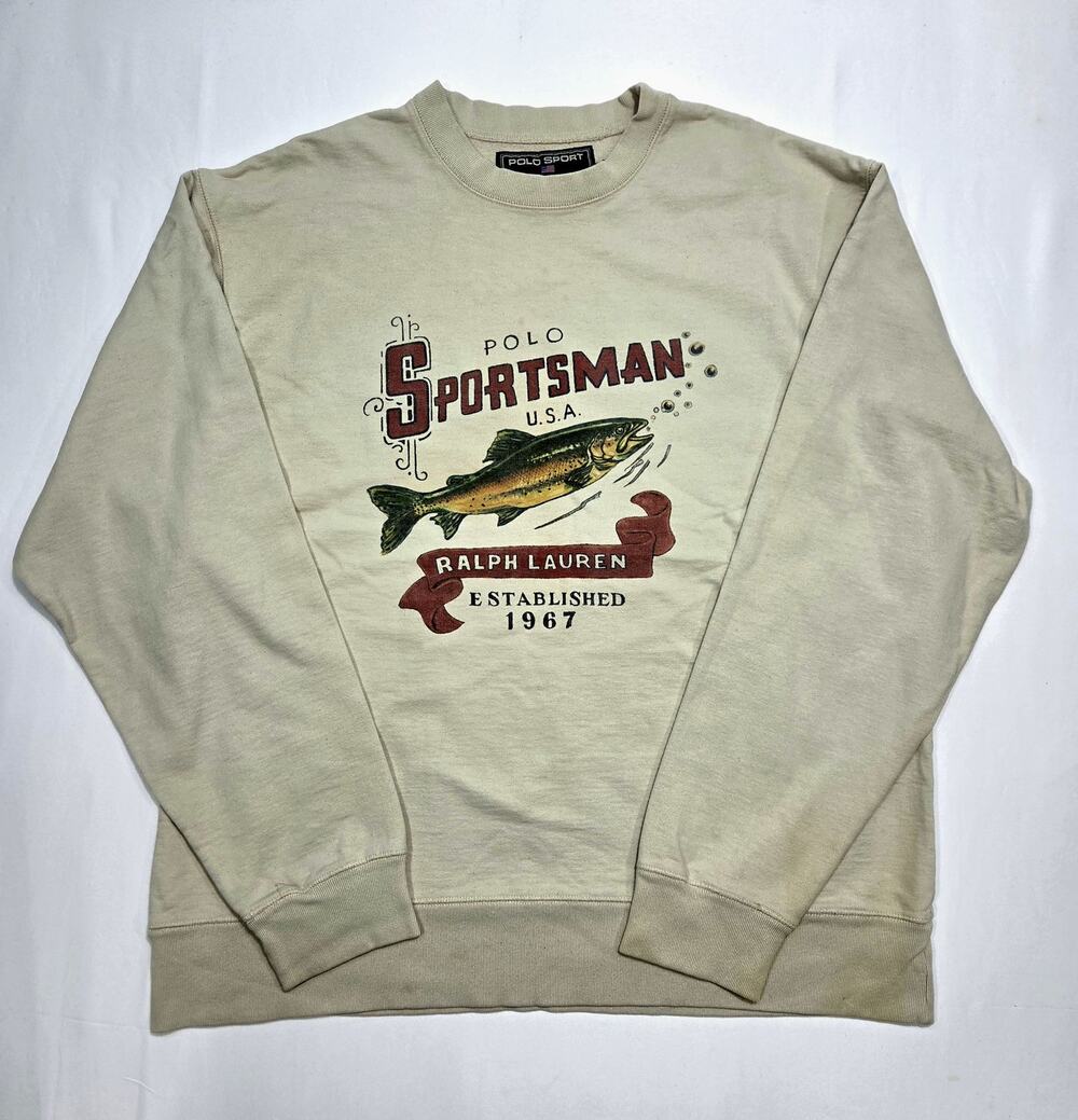 Vintage Polo Sport Sportsman Men's Cream Trout Graphic Crewneck Size L